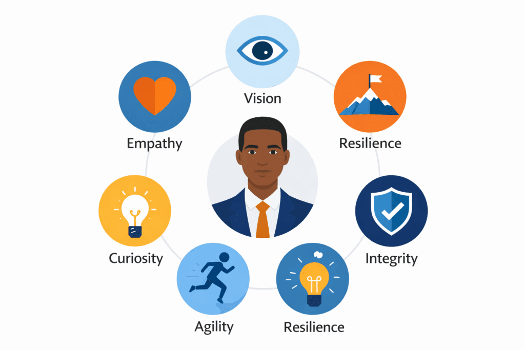 Icons representing key traits of effective change leaders