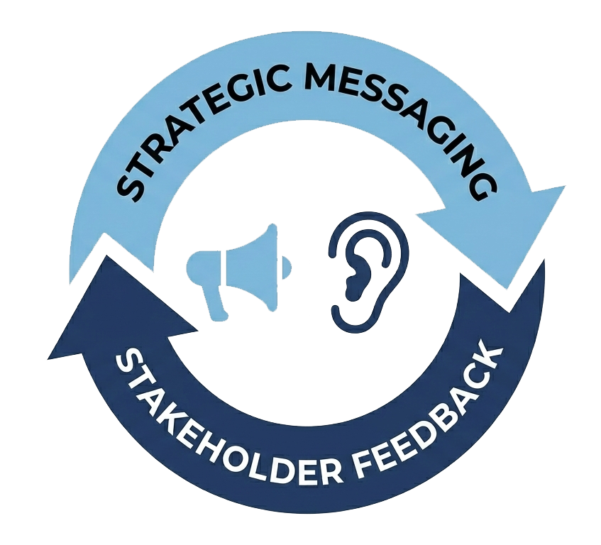A circular diagram showing a continuous feedback loop between strategic messaging and stakeholder input.