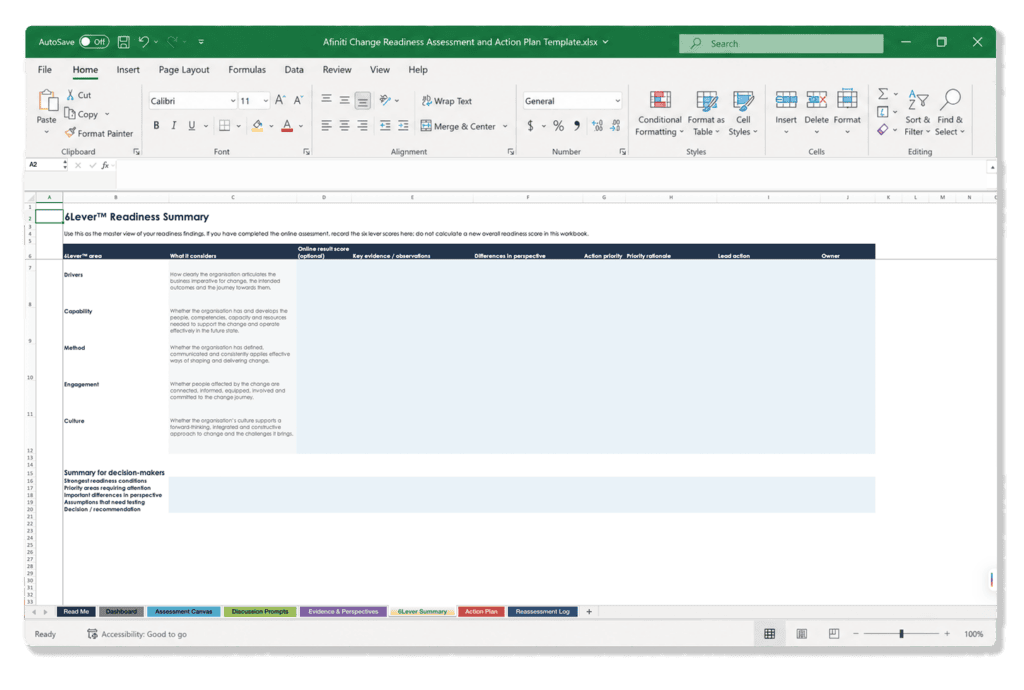 Preview of the Afiniti Change Readiness Assessment and Action Plan Excel template